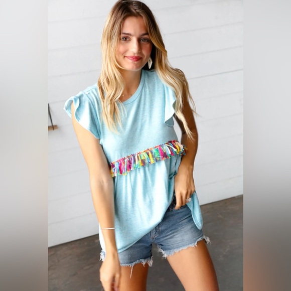 Haptics Tops - Sky Blue Two Tone Babydoll Fringe Tassel Top